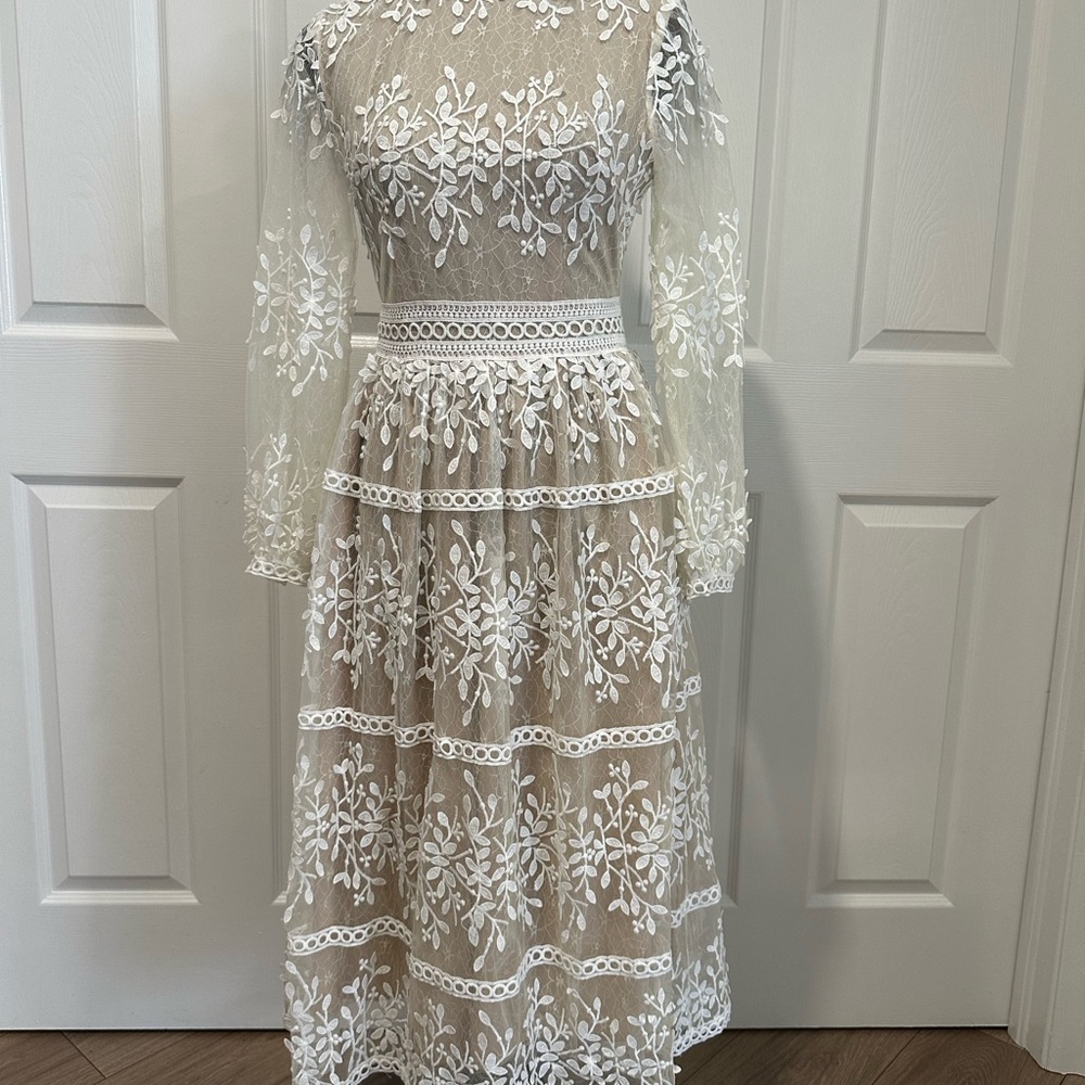 White Cream Lace Tiered A-Line Dress
